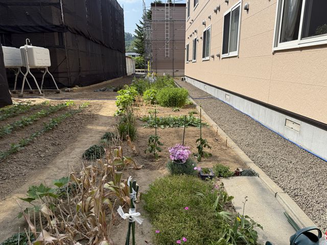 花壇のある庭 庭 色とりどりの花が咲き、季節の移り変わりを感じられる庭です。自然の中で安らぎのひとときをどうぞ。