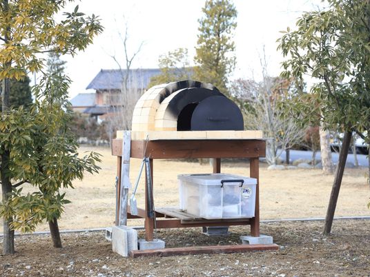 屋外のピザ窯と緑