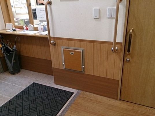 手すり付き木目調の扉