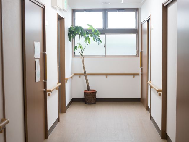 明るく清潔な廊下の一角 共用廊下 窓から自然光が差し込む廊下は、木目調の手すりが設置され、温かみのある雰囲気を演出しています。散歩や移動も安心して行える設計です。