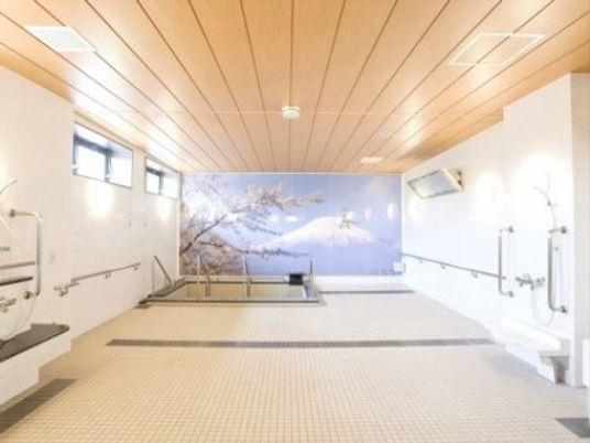 明るい木目調の浴室