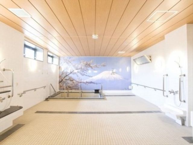 明るい木目調の浴室 大浴場 広々とした浴室には、安全に配慮された手すりが設けられ、壁面には富士山が描かれ心安らぐ空間となっております。