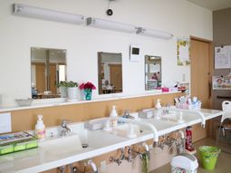 清潔な洗面台と背景に人