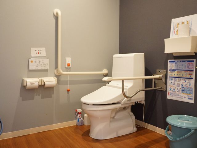 トイレの安全設備 トイレ 手すり付きで安全を配慮したトイレです。必要な支援物や操作方法が示され、快適にご利用いただけます。