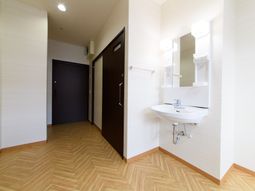 清潔な洗面台のある廊下