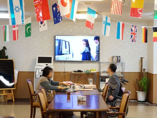 多国籍旗とテレビの食堂