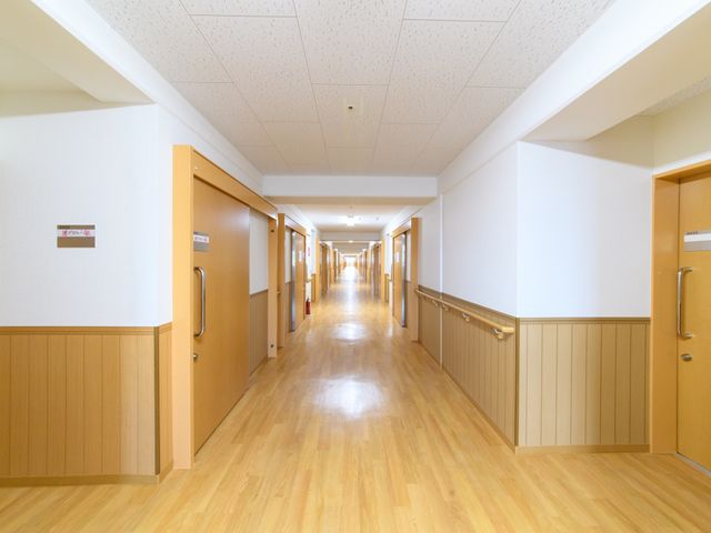 明るい廊下の風景 通路 木目調で温かみのある廊下は、ゆったりとした歩行空間を提供しており、働く環境の快適さが感じられます。