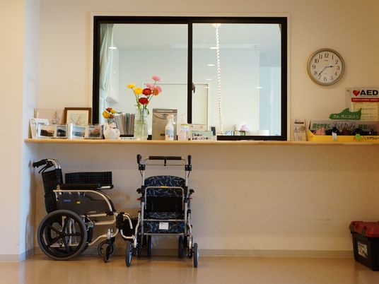 受付エリアの下部には2台の車いすがある。また、棚の上には観葉植物や消毒液などを確認することができる。