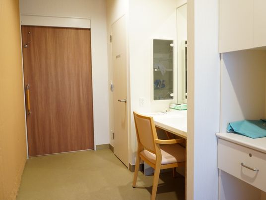 脱衣場は白と黄色の壁に黄土色の絨毯が敷かれている。壁際には洗面台と椅子、鏡のほか棚なども設置されている。