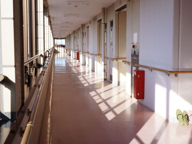 廊下の手摺と陽光 廊下 陽の光が差し込む清潔感のある廊下です。手すりが整備されており、歩行に不安のある方も安心です。