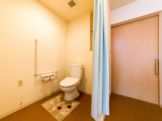 トイレの入り口は力のいらないカーテン式となっている。便座の近くには手すりを完備し、立ち上がる際や座る際にも安心できる。