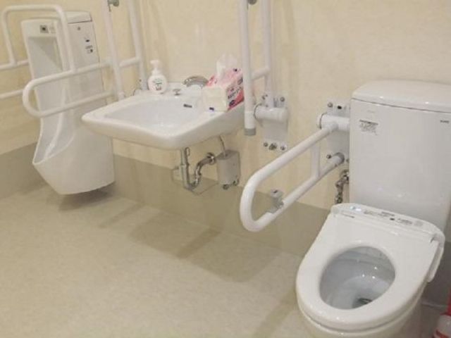 バリアフリー設計のトイレ トイレ 手すり完備の明るいトイレ空間です。利用者の安全と自立を支援する設計が施されており、快適にお使いいただける環境が整っています。