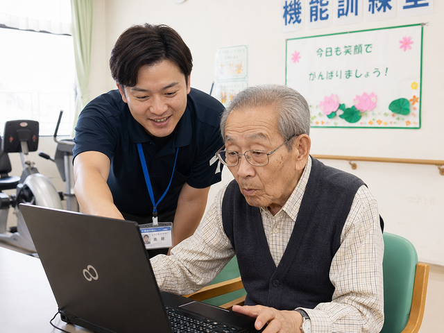 スタッフと利用者のパソコン操作 機能訓練室 スタッフが優しくサポートするパソコン学習の様子です。技術向上に配慮した充実のサービスを提供しております。