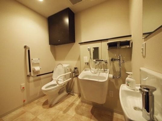オストメイト対応の設備が整ったトイレである。洗面台も備わっており、スペースがあるので、車椅子をご利用の方も快適に使用できる。
