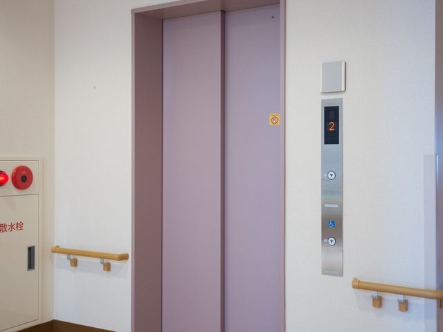 清潔感のあるエレベーター前 エレベーター ゆったりとしたエレベーター前は、木目調の手すりが付いており、安全に待機できる設計です。