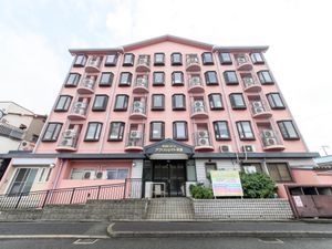 ピンク色の建物の外観