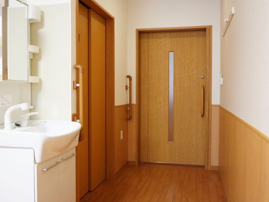 安全な洗面所と木製ドア