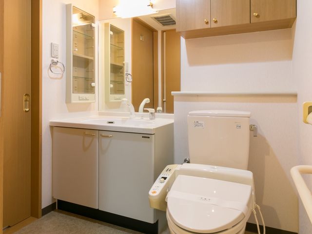 清潔な洗面トイレスペース トイレ 手すり付きで安全を考慮した洗面とトイレのスペースです。毎日の快適な暮らしをサポートする設計が施されています。