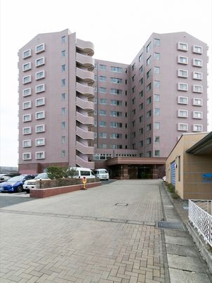 ピンク色の高層建築外観