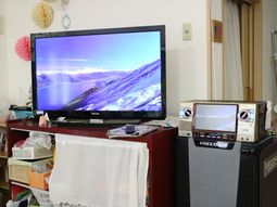 居間のテレビとカラオケセット