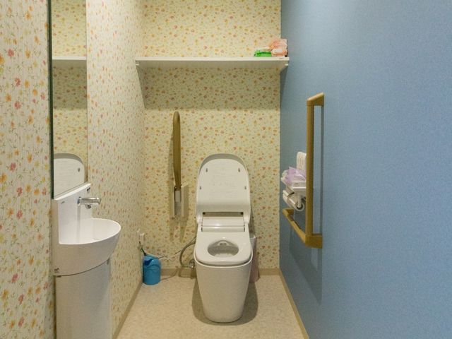清潔なトイレ空間 トイレ 壁に手すりが取り付けられ、使いやすい工夫がされた洗練されたトイレです。清掃が行き届いており、快適にご利用いただけます。