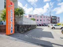 ピンクの建物のエントランス