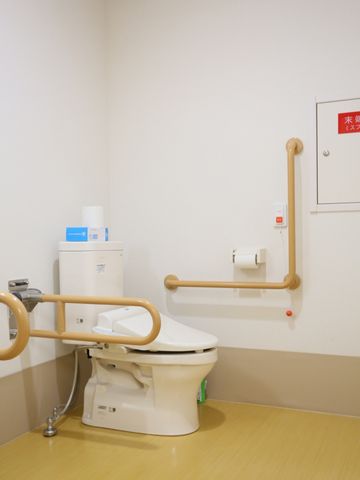 手すり付きトイレ設備 トイレ 安心の手すり付き、使いやすい工夫が施されたトイレです。利用者様の快適な生活をサポートいたします。