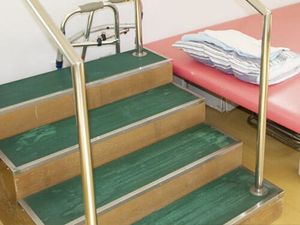 手すり付き階段とベッドのある浴室前  