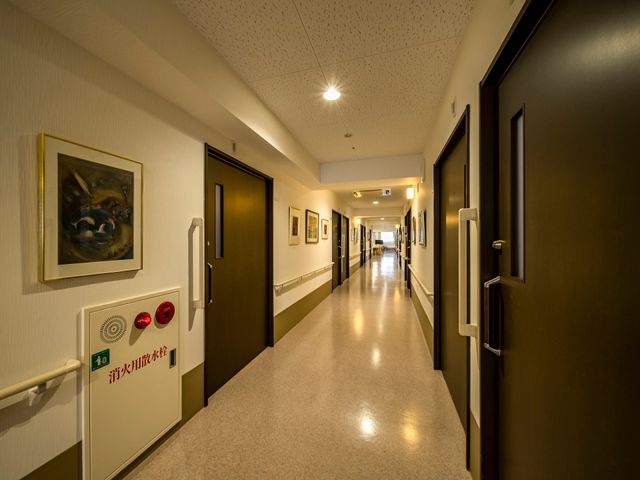 明るい廊下の風景 通路 ゆったりとした廊下が広がり、壁には絵画を飾ってあります。