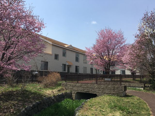 桜と建物の外観 周辺 春の息吹を感じさせる桜が、明るい雰囲気の快適な空間を演出しています。自然に囲まれた環境で働くことができます。