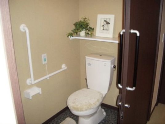 お部屋のトイレには絵や緑を置くことができる。手すりも緊急用のブザーも設置されているので安心して使うことができる。