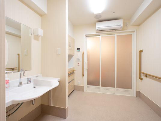 明るい洗面台と扉付きスペース