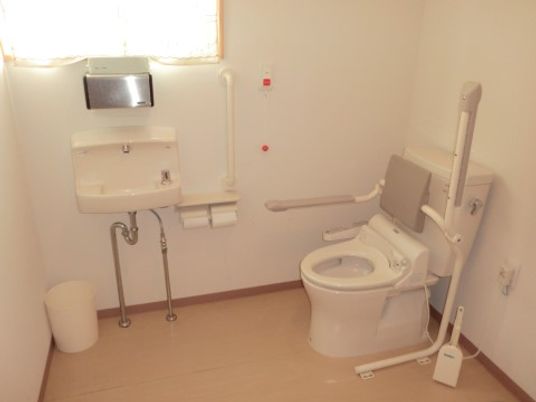 白を基調とした明るいトイレである。温水洗浄便座や洗面スペース、手すり、ナースコール、ペーパーホルダーが完備されている。
