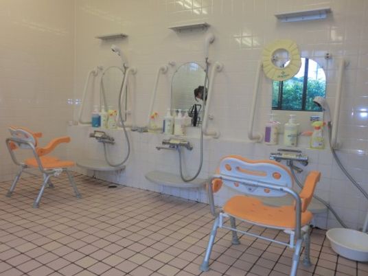 明るく清潔感のある大浴場である。身体を洗うスペースは３ヶ所ある。シャワー、シャンプーリンス、ボディソープ、手すり、椅子を完備している。