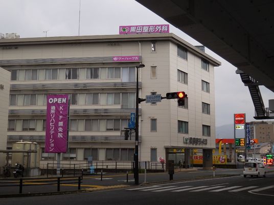 ビルの外観と看板