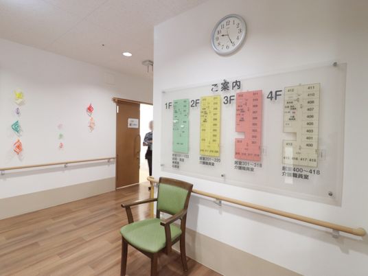 案内板と時計のある廊下