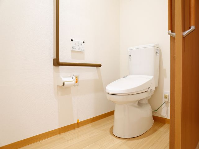 手すり付き清潔なトイレ トイレ 安全な手すりが設置されたトイレは、バリアフリー設計で安心してご利用いただけます。ゆとりある空間で快適な毎日をサポートします。