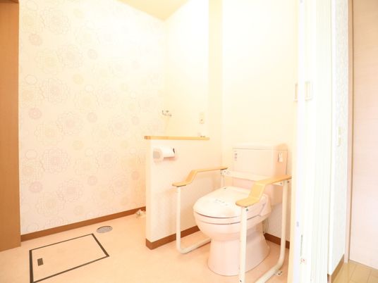 トイレにある便器の両側には金属製のしっかりした手すりが設置されており、入居者様は安心して体を預けることができる。