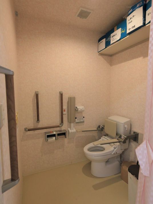 広々としたトイレには、温水洗浄便座や手すり、背もたれ用のクッション、ひじ置き、ナースコールが備わっている。