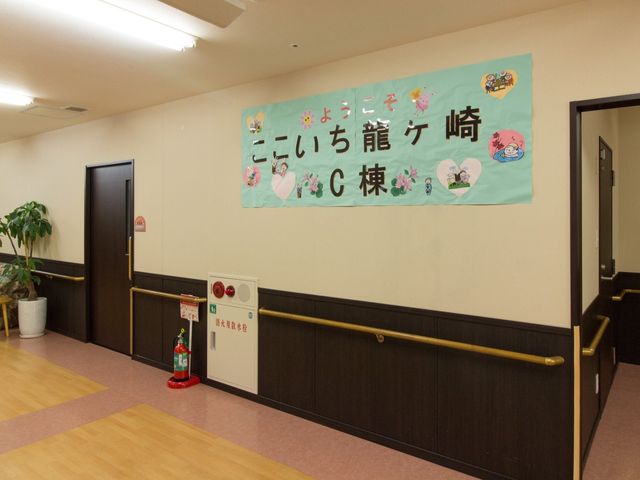 廊下に掲示物と扉 共用廊下 温かみのある色合いで配色された廊下です。壁には季節を感じさせる掲示物が飾られ、訪れる方々に優しい雰囲気を提供しています。