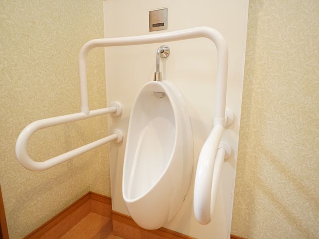 手すり付き洗面所 トイレ サポートバーがついた清潔感のあるトイレです。立ち座りをサポートし、安全にご利用いただけます。