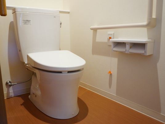 白で統一してあるトイレは明るくて清潔感がある。壁側には手すりに、緊急用のボタンが取り付けてあるので安心。