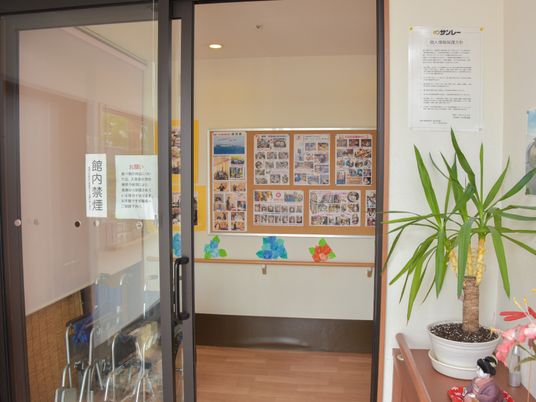 掲示物と観葉植物の廊下