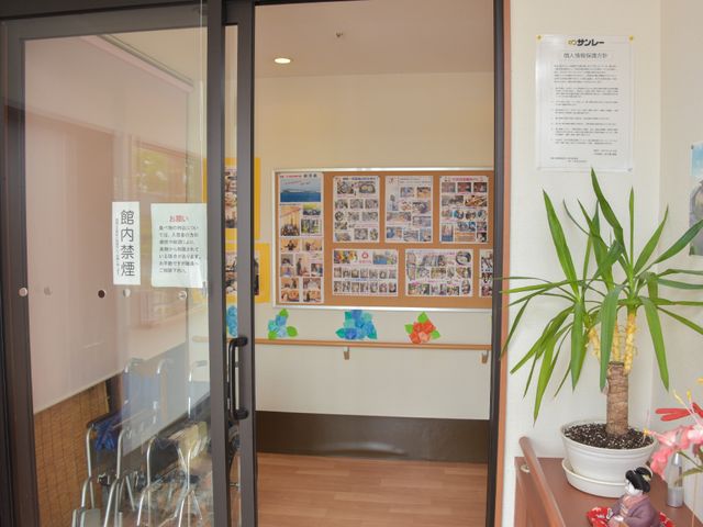 掲示物と観葉植物の廊下 施設入り口 廊下には色とりどりの掲示物があるため、日々の活動や情報を手に取るように知ることができます。美しい観葉植物が優しい雰囲気を添えています。