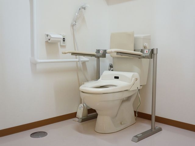 バリアフリートイレ設備 トイレ 手すり付きで安全な使い心地のトイレです。利用者の自立を支援する設計が特長です。