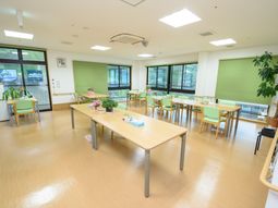 緑色の壁が映える食堂