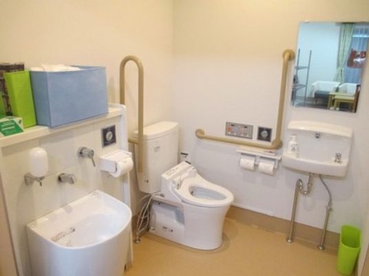 どなたでも使いやすい広いトイレ。バリアフリー仕様で、各所に手すりや大きめの操作用の大きなボタンが設けられている。