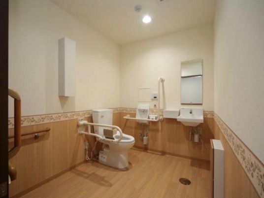 共用トイレは広いスペースがあり、車椅子対応になっている。便器には蓋がなく、跳ね上げ式の手すりが設置されている。