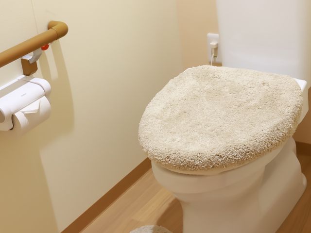 バリアフリー設計のトイレ トイレ 手すりが付いており、フカフカの便座カバーも設置された快適なトイレです。利用者の安心と快適さを考慮した設計になっております。