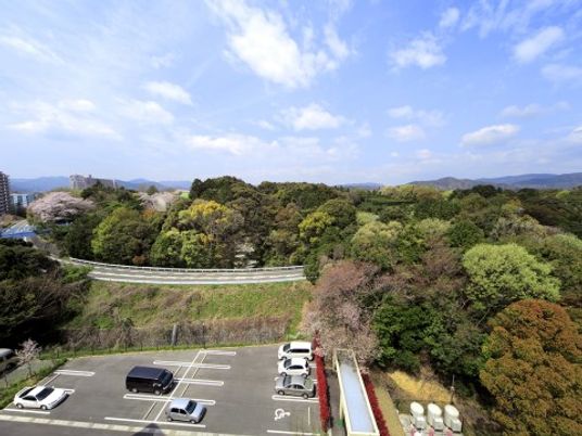 駐車場と自然景観の眺望